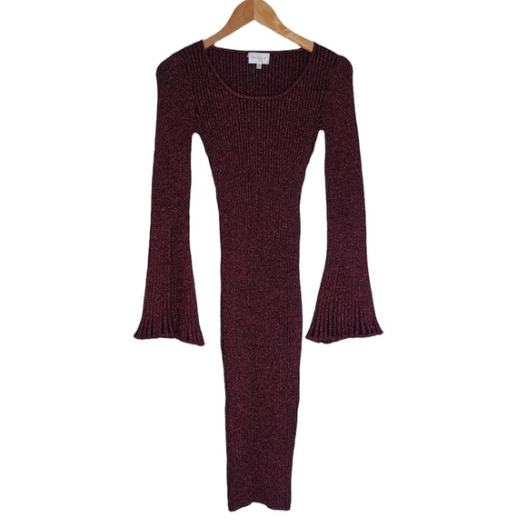 Milly Pleated Long Sleeve Sweater Midi Dress Metallic Thread Flare Sleev